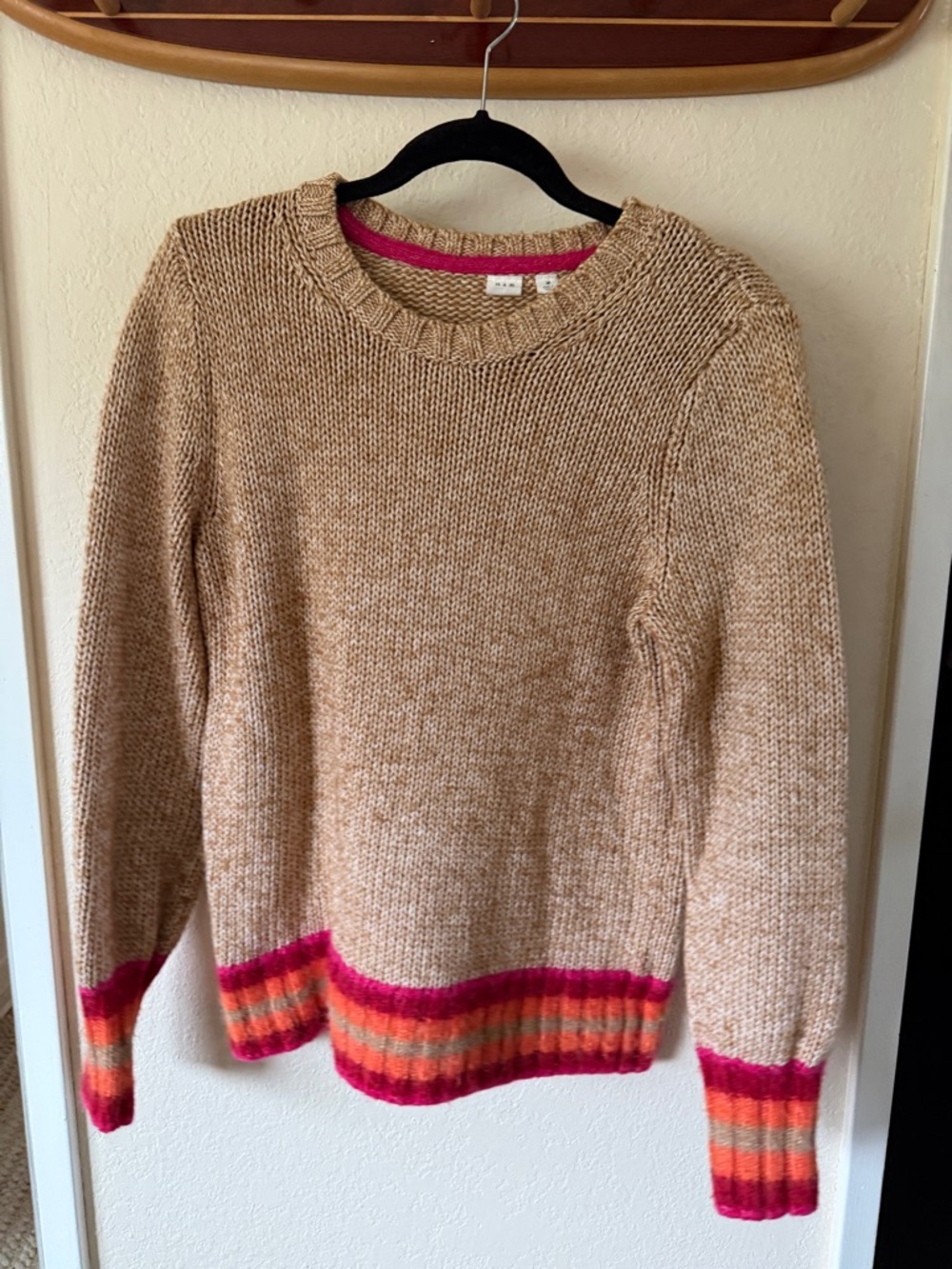 GAP Beige Crewneck Sweater with Pink & Orange Stripe Trim